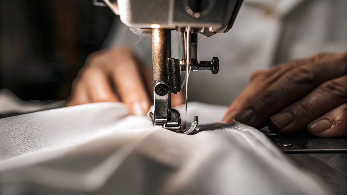 A close-up of a sewer's hands guiding a shirt collar through a sewing machine