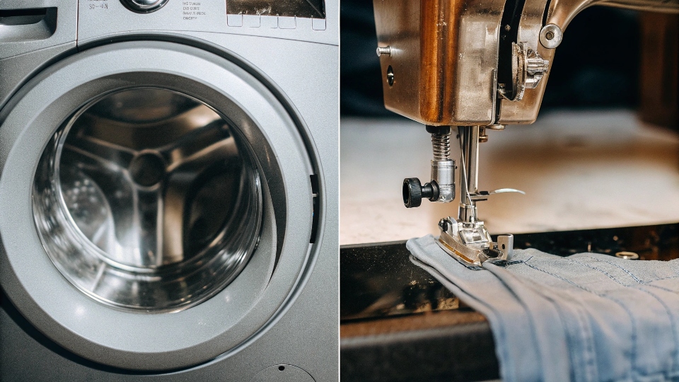 A split image showing a washing machine on one side and a [sewing machine](https://diznewjeans.com/how-easy-is-it-to-sew-denim-jeans-by-yourself/)[^4] on the other