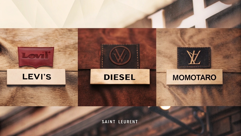 A collage of logos from top denim brands like Levi's, Diesel, Momotaro, and Saint Laurent