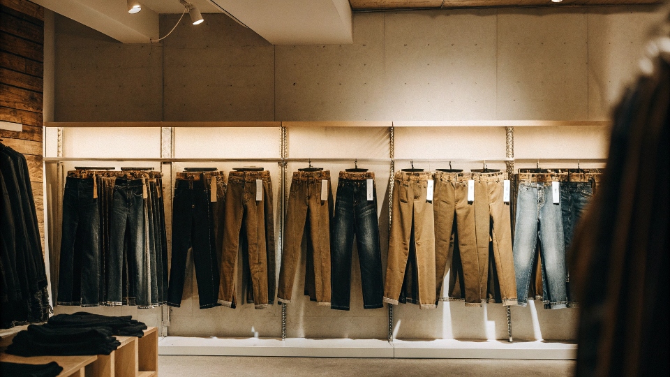 A shot of a modern clothing store's jean wall, where almost every pair has a tag advertising stretch fabric