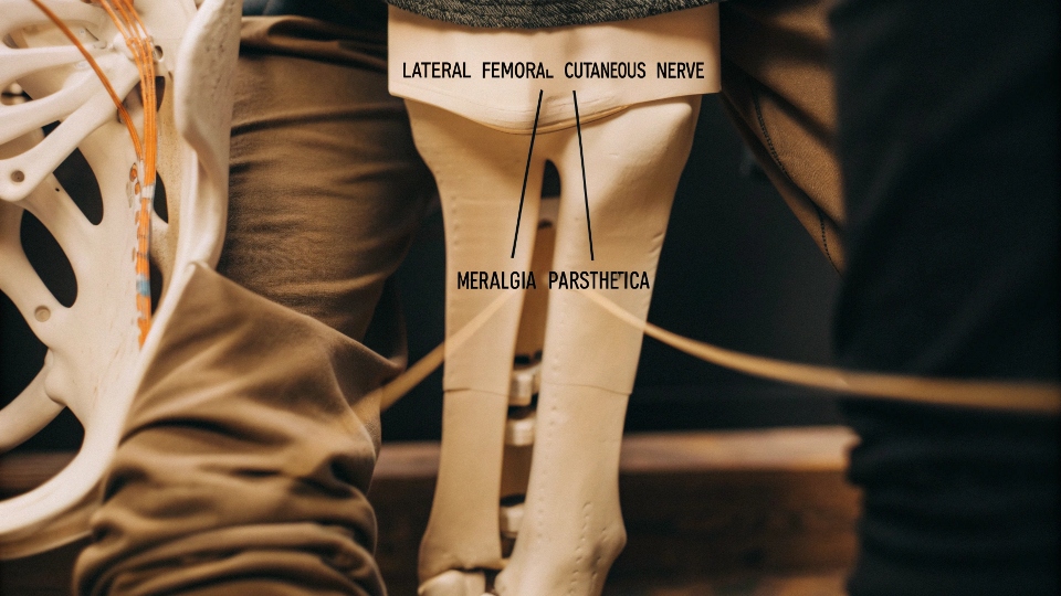 Nerve Compression in Meralgia Paresthetica A medical diagram highlighting the lateral femoral cutaneous nerve in the hip and thigh area