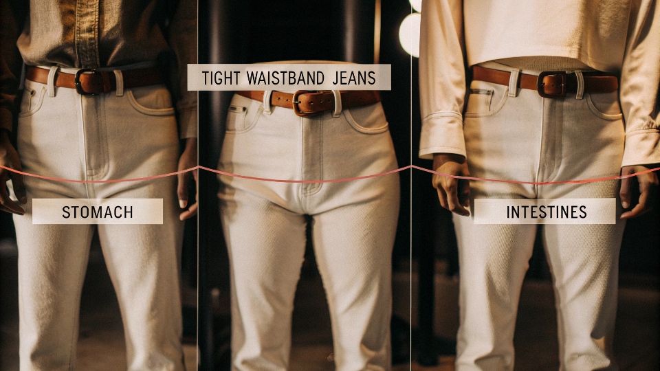 The Effect of Tight Jeans on Digestion A diagram showing how a tight waistband puts pressure on the stomach and intestines