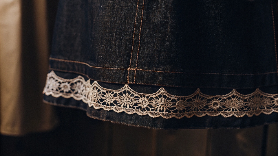 A close-up of a denim skirt hem with a beautiful white crochet [lace trim](https://www.youtube.com/watch?v=BZXLnU-5ax0)[^6] sewn onto it