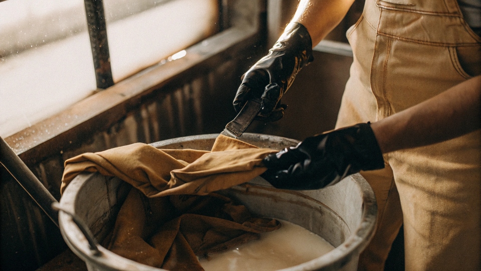 A person wearing rubber gloves stirring jeans in a bucket of bleach solution