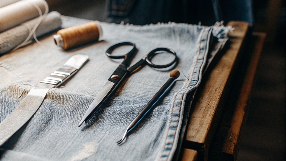 A toolkit for distressing jeans laid out: scissors, sandpaper, tweezers, and a [fabric marker](https://diznewjeans.com/can-i-cut-my-jeans-to-make-shorts/)[^3]