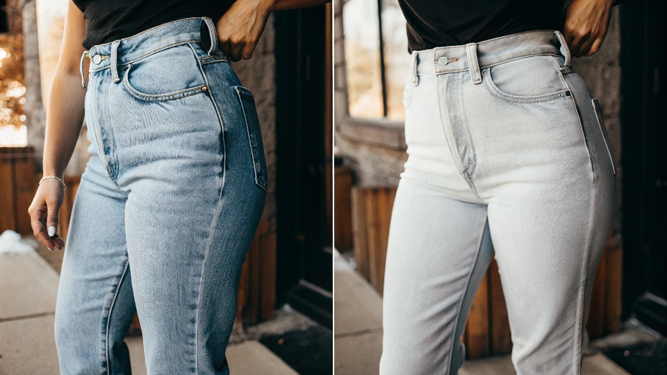 Choosing Comfortable Jeans to Prevent Bloating A comparison of a pair of rigid denim jeans next to a pair of stretchy denim jeans