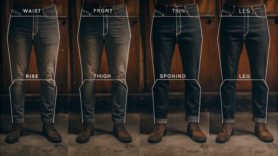 A diagram illustrating the five key measurement points on a pair of men's jeans