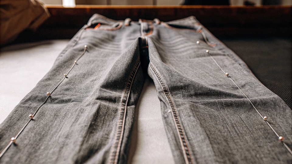 A pair of jeans laid flat with pins down the entire length of the legs and at the waist
