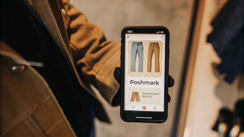 A smartphone showing jeans listed for sale on a resale app