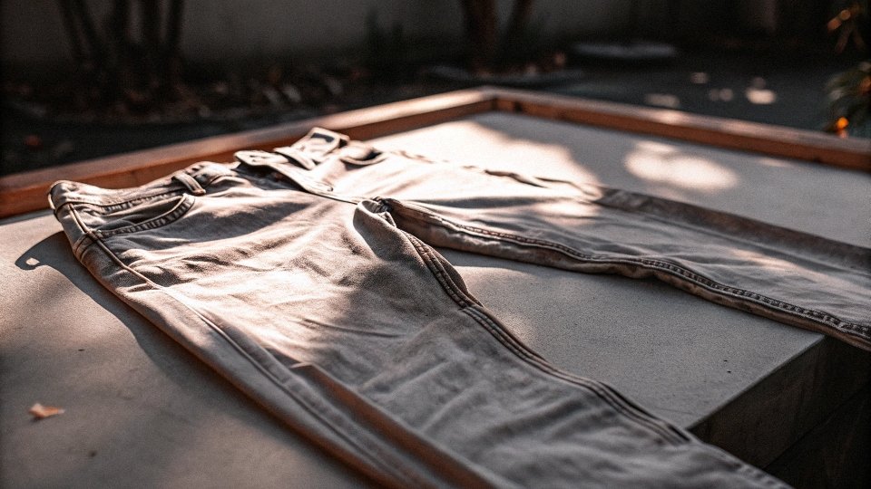A pair of damp jeans laid out flat in the bright sun to naturally bleach