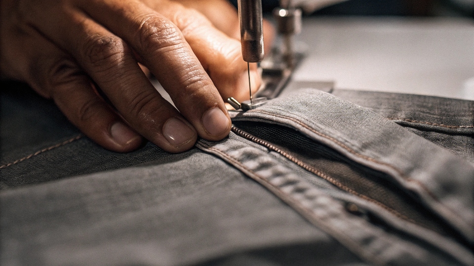 A close-up of a tailor's hands carefully un-stitching a seam on a denim jacket