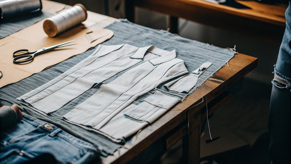 Cutting Jean Jacket Pieces from Old Pants A sewing table with a jacket pattern laid on top of denim fabric cut from jean legs