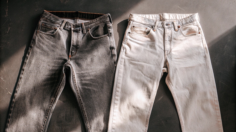 A pair of stiff, new jeans next to a soft, well-worn pair