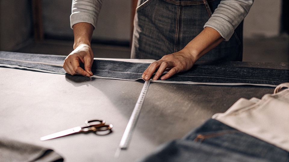 Professional Jean Hemming Alteration A tailor's hands at a sewing machine, creating a new hem on a pair of jeans