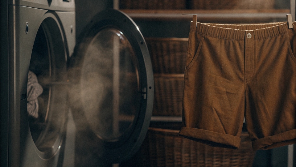 A washing machine with steam coming out, indicating a hot water wash cycle