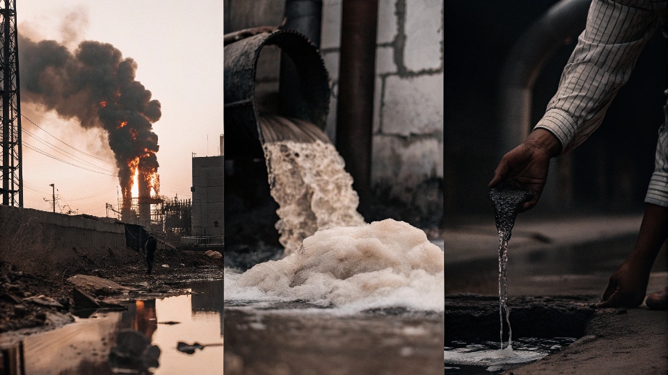 The Environmental Impact of Denim Production A photo collage showing the negative environmental impacts: water pollution, chemical use, energy consumption