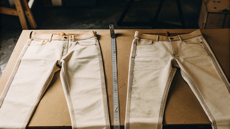 Measuring Jean Shrinkage After Washing A pair of jeans being measured before and after washing to show shrinkage