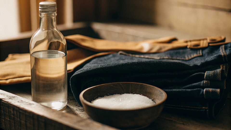 A bottle of white vinegar and a bowl of salt next to a pair of blue jeans