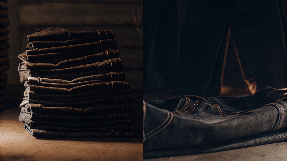 A split image showing a classic hemmed jean on one side and a stylishly stacked jean on the other