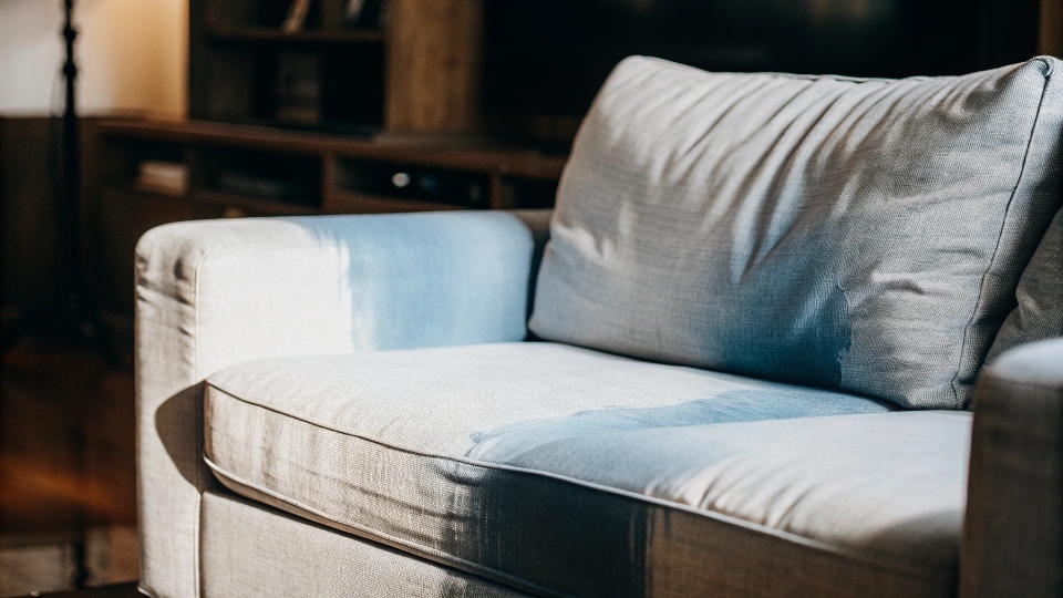 A light-colored fabric sofa with a noticeable blue stain from indigo dye transfer