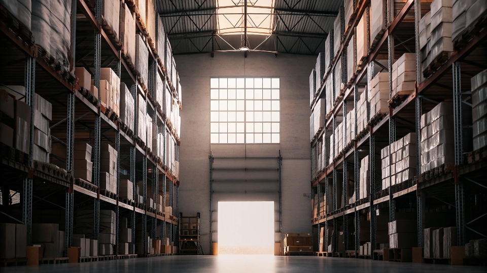 Warehouse shelves stacked high with boxes of inventory