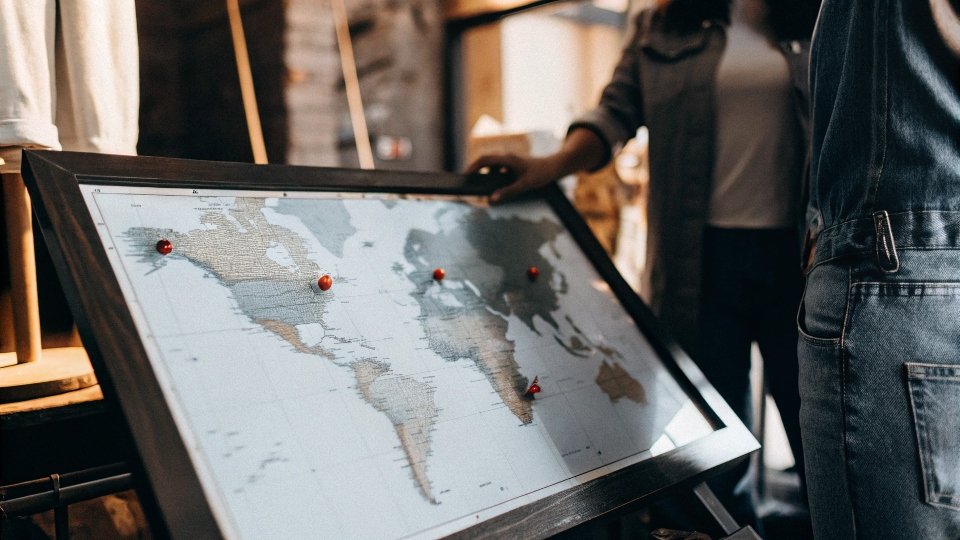 A world map with pins in Mexico, Bangladesh, and China