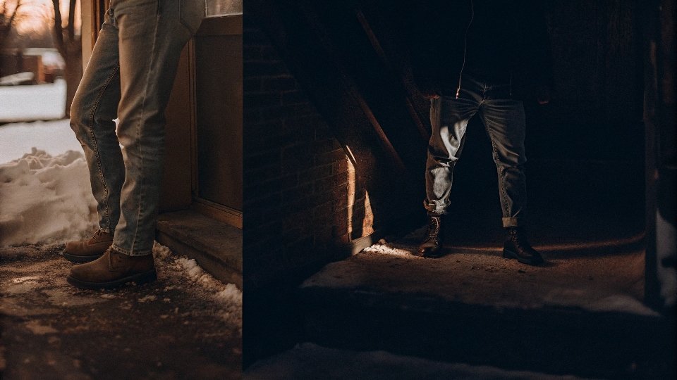 A split image showing a person in jeans in a sunny summer setting and another in a snowy winter scene