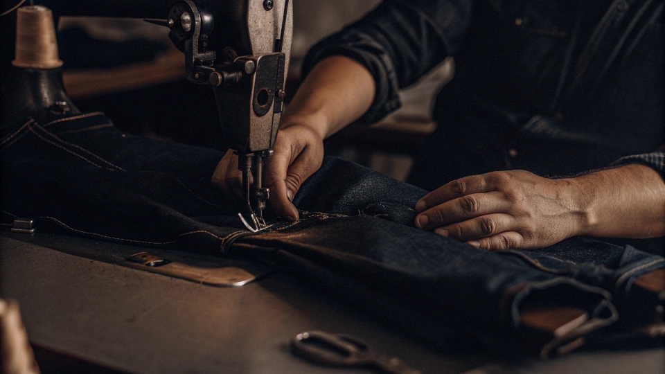 A professional tailor using an [industrial sewing machine](https://diznewjeans.com/how-to-make-a-jeans-hem-look-original/)[^9] to alter a pair of jeans