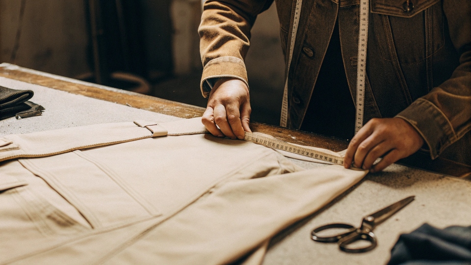 A tailor examining the inside seams of a denim jacket with a measuring tape