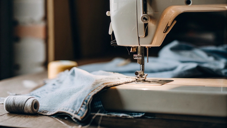 Setting up a home sewing machine for denim A standard home sewing machine with a denim needle and heavy-duty thread ready to sew jeans