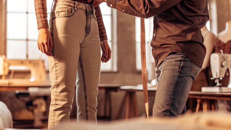 A tailor pinning the inseam of a pair of jeans on a customer to mark where more room is needed