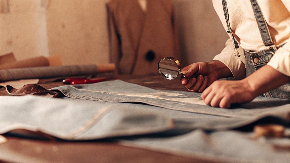 A tailor inspecting the inside seam of a [denim jacket](https://diznewjeans.com/can-you-tailor-a-denim-jacket/)[^1]