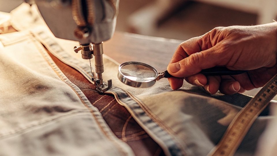 A tailor using a magnifying glass to inspect the inside seam of a pair of jeans