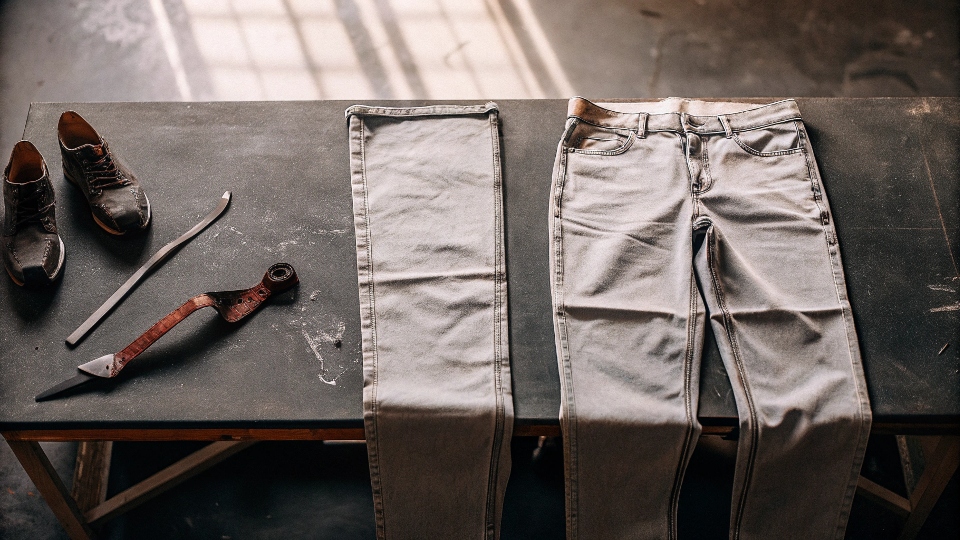 A pair of straight leg jeans being measured next to a pair of skinny jeans