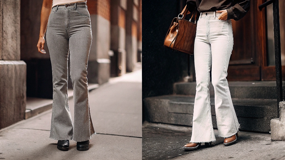 Styling Flare Jeans for Maximum Height A side-by-side comparison showing flare jeans with flats vs. heels, with the heels looking taller