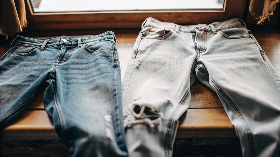 No Holes vs. Distressed Jeans A pair of clean, dark-wash jeans with no distressing next to a pair of ripped jeans