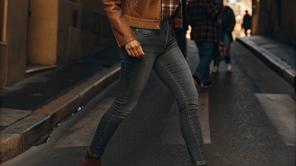 A confident person of any gender looking great while walking down the street in their favorite pair of skinny jeans