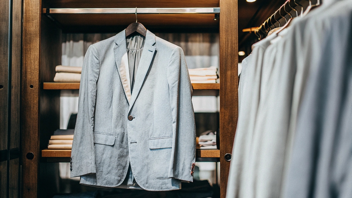 A suit hanging in a closet where the jacket is noticeably more faded than the matching trousers
