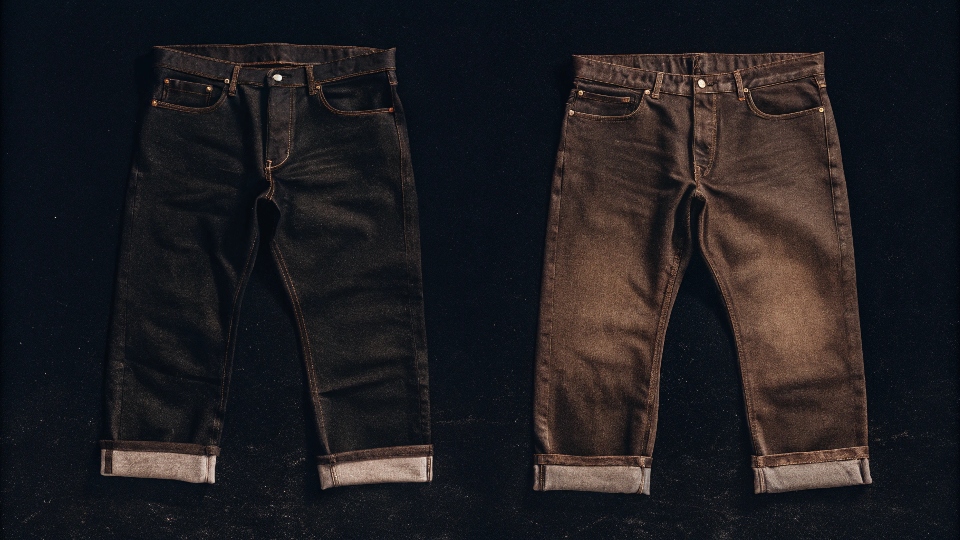 Two pairs of shortened jeans, one with a raw hem and one with a finished hem