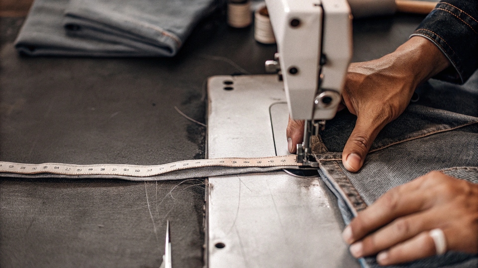Making Jeans Bigger with a Tailor A tailor's hands working on the waistband of a pair of jeans with a sewing machine