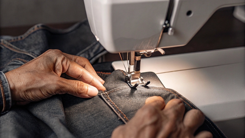 Marking Jeans for Shortening A person using fabric chalk to mark a straight line on a jean leg before cutting
