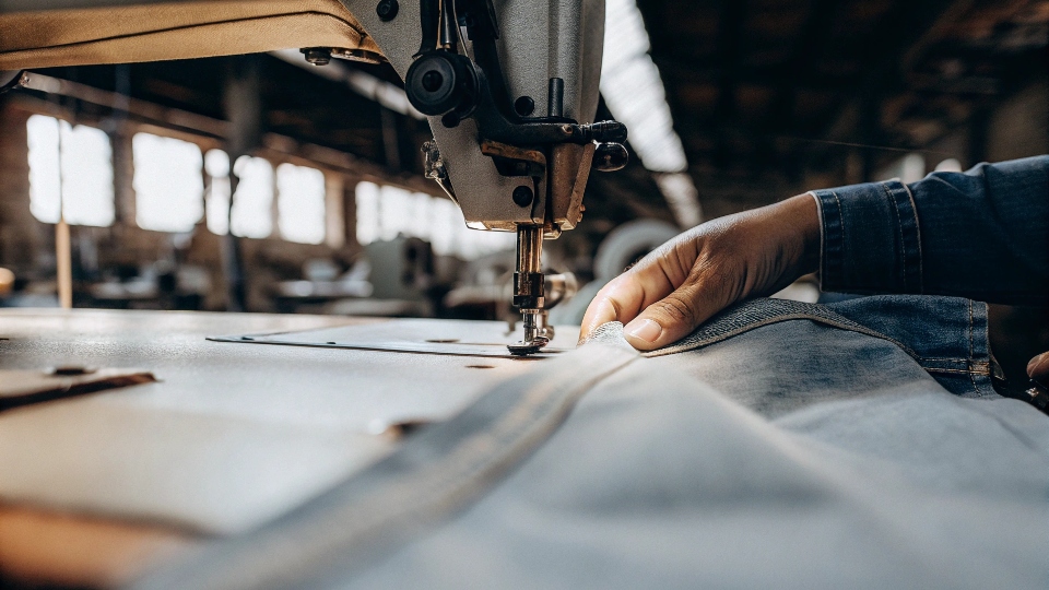 Artisanal jeans manufacturing in the USA An artisan sewing a pair of jeans on an industrial machine in a US workshop