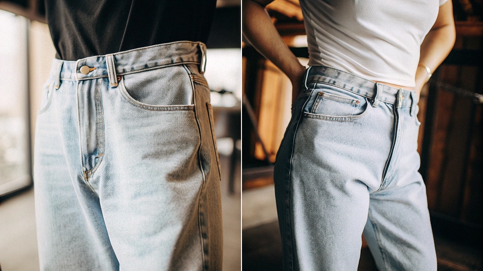 A pair of baggy jeans on the left and the same pair tailored to a [skinny fit](https://diznewjeans.com/can-a-tailor-really-make-my-jeans-skinny/)[^2] on the right