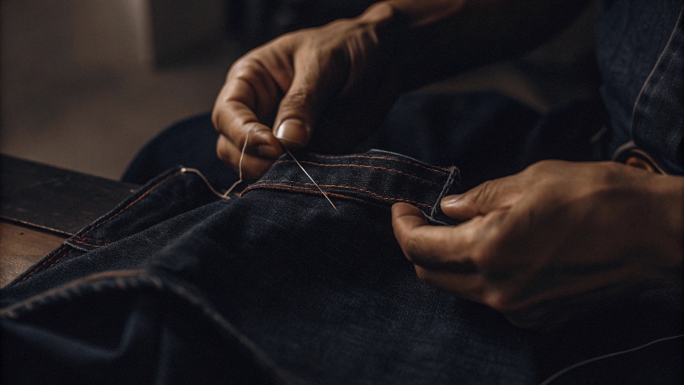 Easy Hand-Sewing a Denim Patch A novice's hands successfully sewing on a denim patch with a simple running stitch