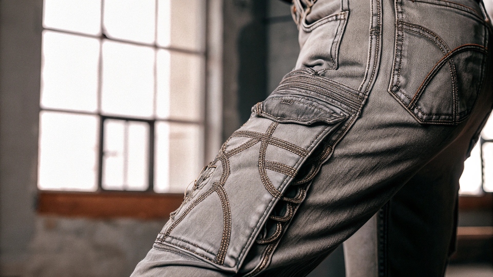 A close-up shot of the detailed paneling on the Puma x Rhuigi double-knee jeans