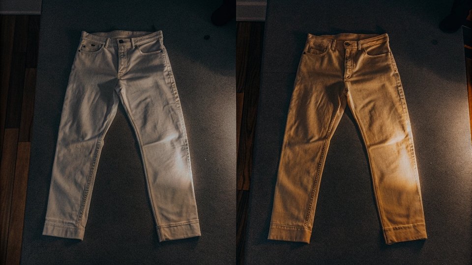 A side-by-side comparison of a dingy white jean and one that has turned yellow after bleaching