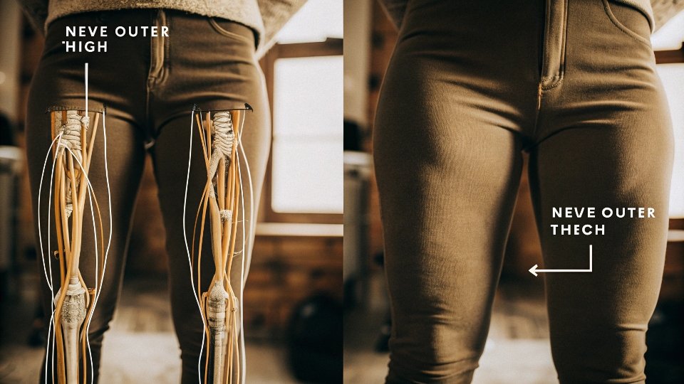 Nerve Compression Caused by Tight Jeans A medical illustration showing nerve compression in the outer thigh from tight clothing