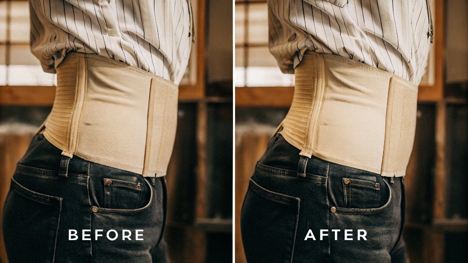 A before-and-after diagram showing a jean's waist being let out at the back seam