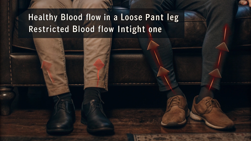 Tight Jeans Affecting Blood Circulation An illustration comparing healthy blood flow in a loose pant leg versus restricted blood flow in a tight one