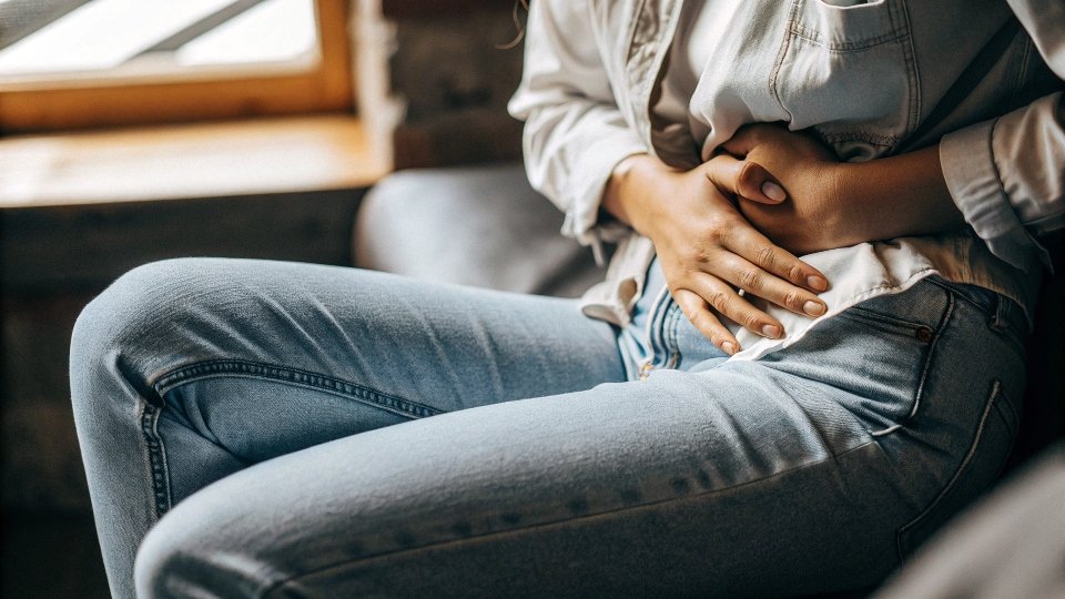 Discomfort from Wearing Tight Jeans A person wearing tight jeans looking uncomfortable and touching their stomach